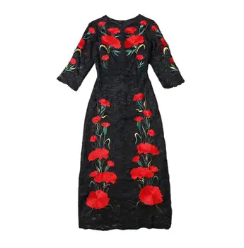 2016 Yaz Yeni Avrupa Tarzı Vintage Çiçek Nakış Siyah Dantel Yarım Kollu Artı Boyutu Kadınlar Yaz Uzun Maxi Elbise Vestido