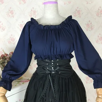 Bordo Düz Çizgi Boyun Tam Kollu Gömlek Tatlı Lolita Bluz Vintage Bluz 2018 Sıcak Satıcı Üstleri Ve Bluzlar Kadın Ruffles
