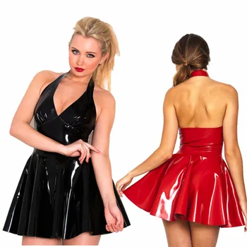 2017 Yeni Kadın Kostüm Siyah Kırmızı Suni Deri Elbise Yular Mini Parti Elbise PVC Latex Seksi Clubwear Gece Kulübü Elbise S-XXL