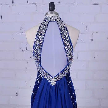 Kadın Resmi Elbiseler Gece Elbisesi Yular Royal Mavi Balo Elbise Vestidos Para Formatura Lüks Kristal Gece Elbisesi İthal