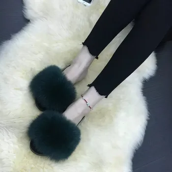 Fox Saç Terlik Kadın Kürk Pofuduk Tüylü Ev Sürgü Yaz Tatlı Bayan Ayakkabı Büyük Boy 44 Sıcak Satış Sevimli Peluş Pantufas Daire