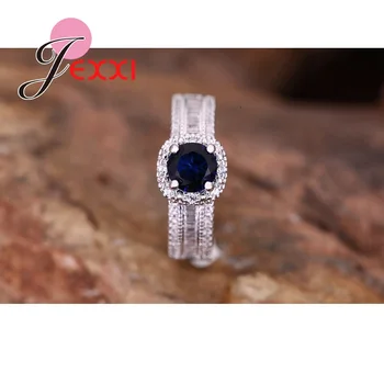 JEXXİ S925 Sade Yuvarlak Gümüş Yüzük Moda Damgalı Mavi Kübik Zirkon Kristal Nişan Yüzüğünü Kadınlar Bantları