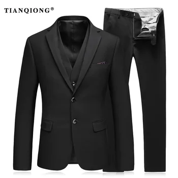 TİAN QİONG Marka Erkek Siyah Takım Elbise 2 Düğme Klasik Yüksek Kaliteli el Yapımı Elbise 3 Pec Set Blazer (Ceket Pantolon+Yelek+)