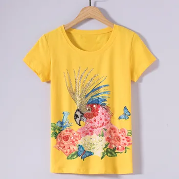 Rahat T Shirt Boncuk yaz Bayanlar Pamuk O Boyun Tees Slim 3D el Yapımı Büyük papağan Logo kadın T-shirt Pailltte