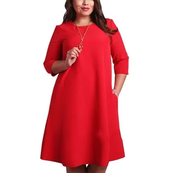L-6XL Büyük Boy Ofis Bayanlar Elbiseler Artı Boyutu Rahat Gevşek Sonbahar Elbise Yeşil Kırmızı Moda Elbise Vestidos Kadın Giysi Cepleri