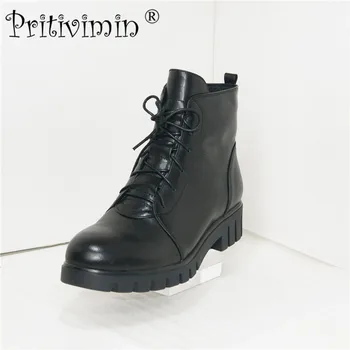 Pritivimin FN50 C Moda Yeni kış sıcak gerçek kürk kaplı ayakkabı kadın siyah inek deri kalın alçak topuk ayak bileği çizmeler dantel bayanlar