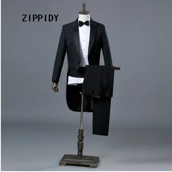 Siyah İnce Erkekler Smokin (Ceket+Pantolon), Gece Kulübü Erkek Şarkıcı Jazz Dans Gösteri Komutan Sahne Performansı Balo Blazer Kostüm