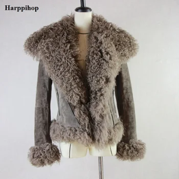Harppihop Kadınlar Gerçek Koyun Kürk Kış Sıcak Moda Hakiki Merinos Koyun derisi Deri Ceket Doğal Gerçek Deri Mont