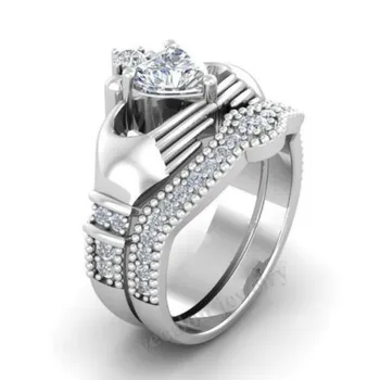 Vecalon Lüks Severler claddagh yüzüğü 1ct Diamonique 5A Zirkon Cz Beyaz Altın dolu Nişan alyansı yüzük kadınlar erkekler için Ayarla