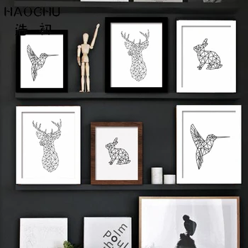 Çizgiler Soyut HAOCHU İskandinav Minimalist Siyah Beyaz Geometrik Hayvanlar Ev için Kuş Resim Duvar Resmi Posterler Geyik
