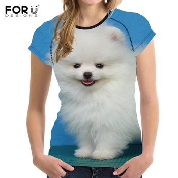FORUDESİGNS Komik 3D Hayvan Pomeranian Köpek Baskı Kadın O Boyun T Shirt Kızlar Kısa Üst Tee Fitness Yaz Tshirt Kol Harajuku