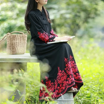 LZJN Vintage Çin Çiçek Maxi Nakış Uzun Elbise Kadın Giyim Bilek Uzunluğu Kollu Pamuk Elbise Şık Elbise Elbise