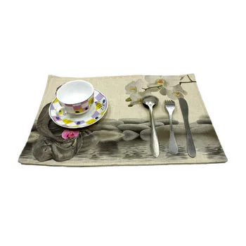 Zen ve beyaz desen baskı keten kaplaması bardak disk balataları çanak pot pad masa mat yemek coster ısı yalıtımı pad orkide