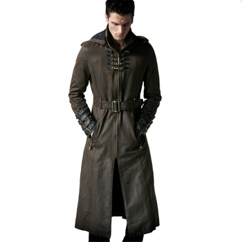 Steampunk Gotik Moda Erkek Koyu Kahve Uzun Punk Yakışıklı Deri Döngüler Ceket Dimi Kapşonlu Palto Palto Rüzgarlık