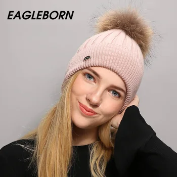 Kadınlar için EAGLEBORN logo kış şapka şapka kasketleri örme gerçek vizon kürk pom 15cm yün şapka Skullies kızlar şapka gösteri kızları