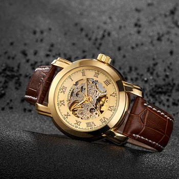 Ouyawei 2017 Yeni Otomatik Kendinden kurmalı Saatler Erkekler Lüks Altın Mekanik İskelet Deri Watch montre homme automatique Saat