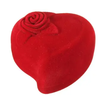 Kırmızı Kalp Şeklinde Kadife Yüzük Kutusu, Nişan Düğün Takı Kutuları Rose Sevgilisi için Çiçek Tasarım Hediye Tutucu Toptan