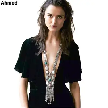 Ahmed Mücevher Markası Moda Vintage Yaka Kolye Deyimi Uzun Taş Kolye & Kolye Kadın Yeni Bir H158