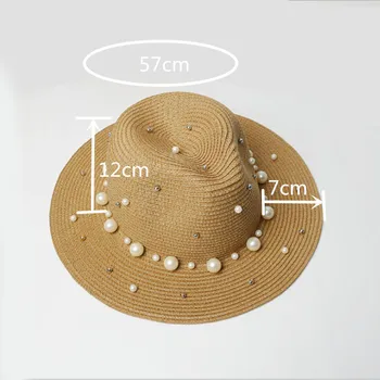 Ymsaid 2018 Yeni Yaz İngiliz pearl güneş şapka Bayan plaj şapka Gölgeleme düz kenarlı Hasır şapka boncuk