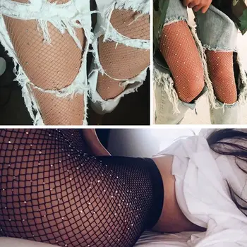 Moda Seksi Kadın Siyah Örgü Net Yüksek Bel Fishnet Sıkı Sparkle Elmas Çorap Külotlu Çorap
