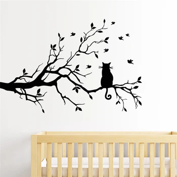 Çocuk Odası Ev Dekorasyonu Karikatür Hayvan Duvar Çıkartmaları İçin Ağaç Dalı Duvar Sticker Siyah Kedi Çıkarılabilir Duvar Sanat Diy Posterler Vinil