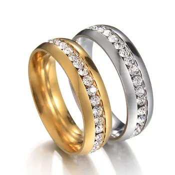 Kadınlar için Paslanmaz Çelik Tek Satır Tam Bling Kristal Yüzük Gümüş 6 mm Sevgilinin Düğün Bague Altın Moda Takı Erkekler