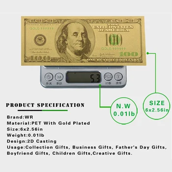 Stand ile WR Lüks Ev Dekorasyonu 100 Dolar 24k Altın Banknot Yaratıcı İle 999.9 Altın Varak Dünya Kağıt Para Hediyelik eşyalar