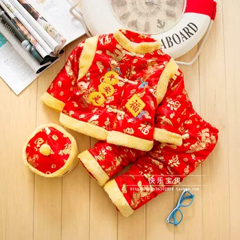 Mutlu Ada Yeni Yıl Kalın Pamuk Bebek Çocuk Giyim Setleri Uzun 0 için 2Y Bebek Çin Traditoinal Nakış Tangsuit Kol-