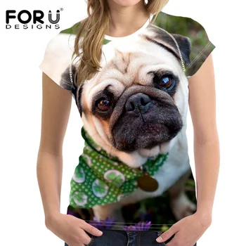 Kızlar Kadınsı Giysiler İçin FORUDESİGNS Sevimli 3D Pug Köpek Kadın Kısa T Shirt Yaz Rahat Basic T-shirt Elastik İnce Kadın Üstleri