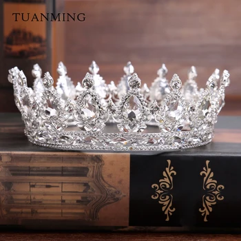 Barok Vintage Altın Gümüş Yuvarlak Kristal Düğün Saç Aksesuarları Taç Kral Kraliçe Tacı Saç Takı Balo Parti Hediye Gelinlik