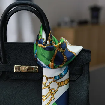 Yeşil ekose gemeotric ipek eşarp küçük kare ipek x 55 cm %100 özel desen moda çanta dekor eşarp kadın eşarp