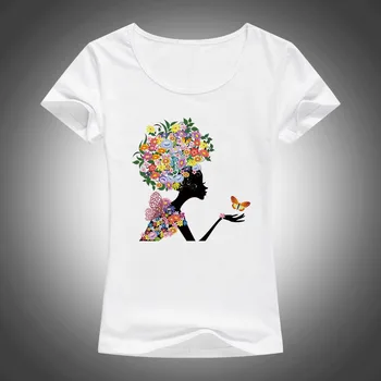 2017 Elastik Pamuklu T Shirt Kadınlar Çiçek Çiçek Kız Baskı T-shirt Kadınlar Komik kelebek Üstleri T-F78 Femme Elbise Gömlek