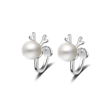 JEXXİ Sevimli Boynuzları Beyaz İmitasyon İnci Kulak Klibi Takı 925 Gümüş Kadın Küpe Bir Çift Perakende Klip