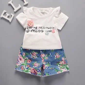2018 Yeni Yaz Çocuk Kız Elbiseler 2 adet Kollu Çiçek Şort Çocuk Giyim Eğlence Spor takım Elbise Çocuk T-Shirt Çocuk Setleri