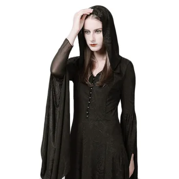 2016 Punk Tarzı Gotik örme V yaka Uzun Kollu Baskılı Elbise Cadılar Bayramı Kostümü KADIN Casual Slim Fit Cadı Giyim Kapşonlu