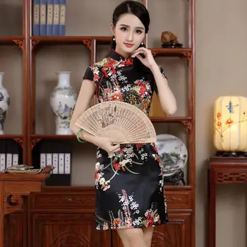 Seksi Mini Rayon Kadın Kısa Kollu Qipao Çince Vintage Mandarin Yaka Cheongsam Kısa Mini Çiçek Drees S M L XL XXL JY013