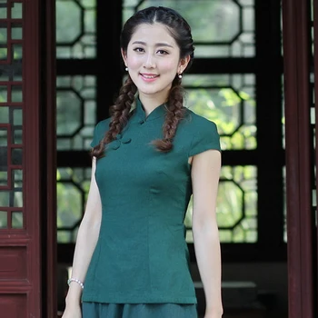 Yüksek Kaliteli Yeşil Çinli Kadın Pamuk Keten 2518-5 Zarif İnce Bluz Yaz Etnik Tarzı Gömlek M L XL XXL XXXL Gömlek