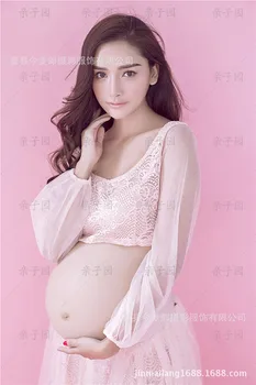 Sıcak Satış kadın Doğum Fotoğrafçılığı Hamile Kadın Hamilelik Fotoğraf Çekimi Tam kollu Tekne Boyun Çiçek Elbise Dantel Elbise Pembe Sahne