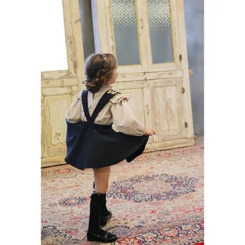 Autmn Kız Giyim Okul Giysileri Setleri Kız Bluz + Elbise Prenses 2 Adet Nakış Parti Programı için Petal Yaka Tracsuit