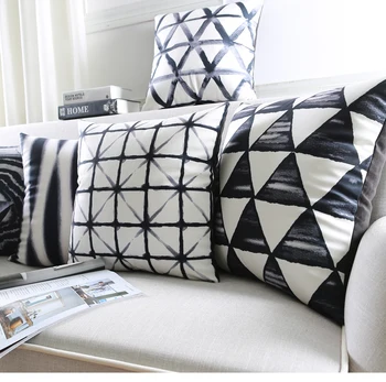 Siyah Ve Beyaz Yastık Kapak Retro Geometrik Çizgili Ekose kanepe için Yastık kılıfı Kadife Kanepe Sandalye Koltuk minderi Atmak Üçgenler