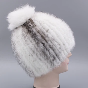 YCFUR Kış Kış Sıcak Klasik Tilki Kürkü Pom Kadın Cap Muff gorros Kasketleri Kadın Gerçek Vizon Kürk Şapka Şeritleri Şapka Kapaklar