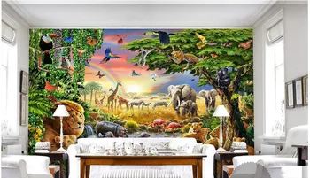 Özel 3d fotoğraf duvar kağıdı 3d duvar duvar kağıdı Gökkuşağı ormanda yeşil papağan fil hayvan çocuk odası 3d duvar kağıdı resim