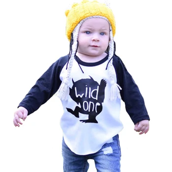 2017 Çocuklar Erkek T-shirt Sonbahar Canavar VAHŞİ BİR Lettern Baskı Kız Bebek Elbiseleri T shirt Moda Bebek Kostüm Üst Kız Ekleme