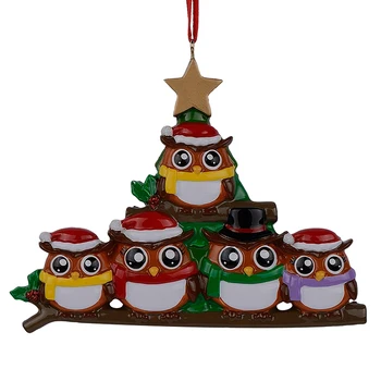 Dekoratif el sanatları için yeşil ağaç altın yıldız ile 5 ahşap parlak kişiselleştirilmiş Noel süsleri baykuş aile