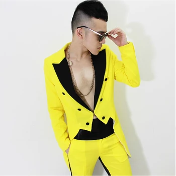 S-5XL! 2018 Bar şarkıcısı DJ GD kostümleri Mahkemesi, Avrupa Amerika eski erkek slim takım elbise parlak sarı swallowtail resmi elbise VSTİNUS
