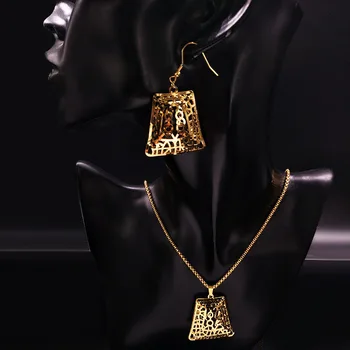 Boş Geometri Paslanmaz Çelik Altın Rengi Kadın Büyük Kolye Küpe Takı Setleri Bijuteri acier inoxydable femme S178318 Dubai