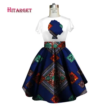 2018 Yaz elbise Artı Boyutu 2 Adet Afrika Baskı Dashiki Pamuk T-shirt Etek WY2726 Bazin Rche Femme Afrika elbise takımı
