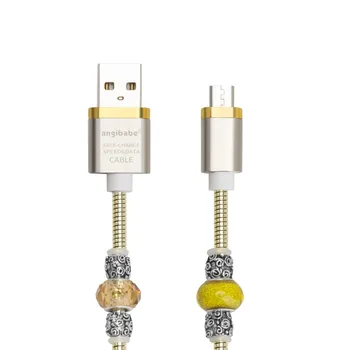 (Altın) ANGİBABE Tel bahar USB Kablosu 2A 1M DİY kakma Elmas Hızlı Android için Veri Şarj Kablosu