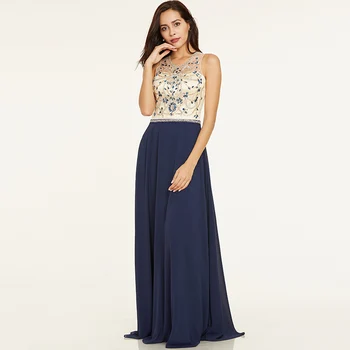 Tanpell elbise bir çizgi gelinlik ucuz kadın resmi akşam sırt dekolteli uzun gece elbisesi koyu koyu mavi kolsuz taban uzunluğu Boncuklu