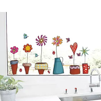 Sevimli Karikatür Çiçek Butterfies Duvar Çıkartmaları Çıkartma Mutfak Banyo Penceresi Cam Duvar Dekoru Ev Dekorasyon Çocuk Odası